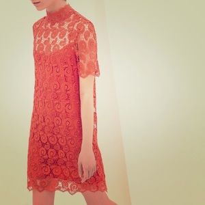 ZARA Orange Red Crochet Paisley Dress